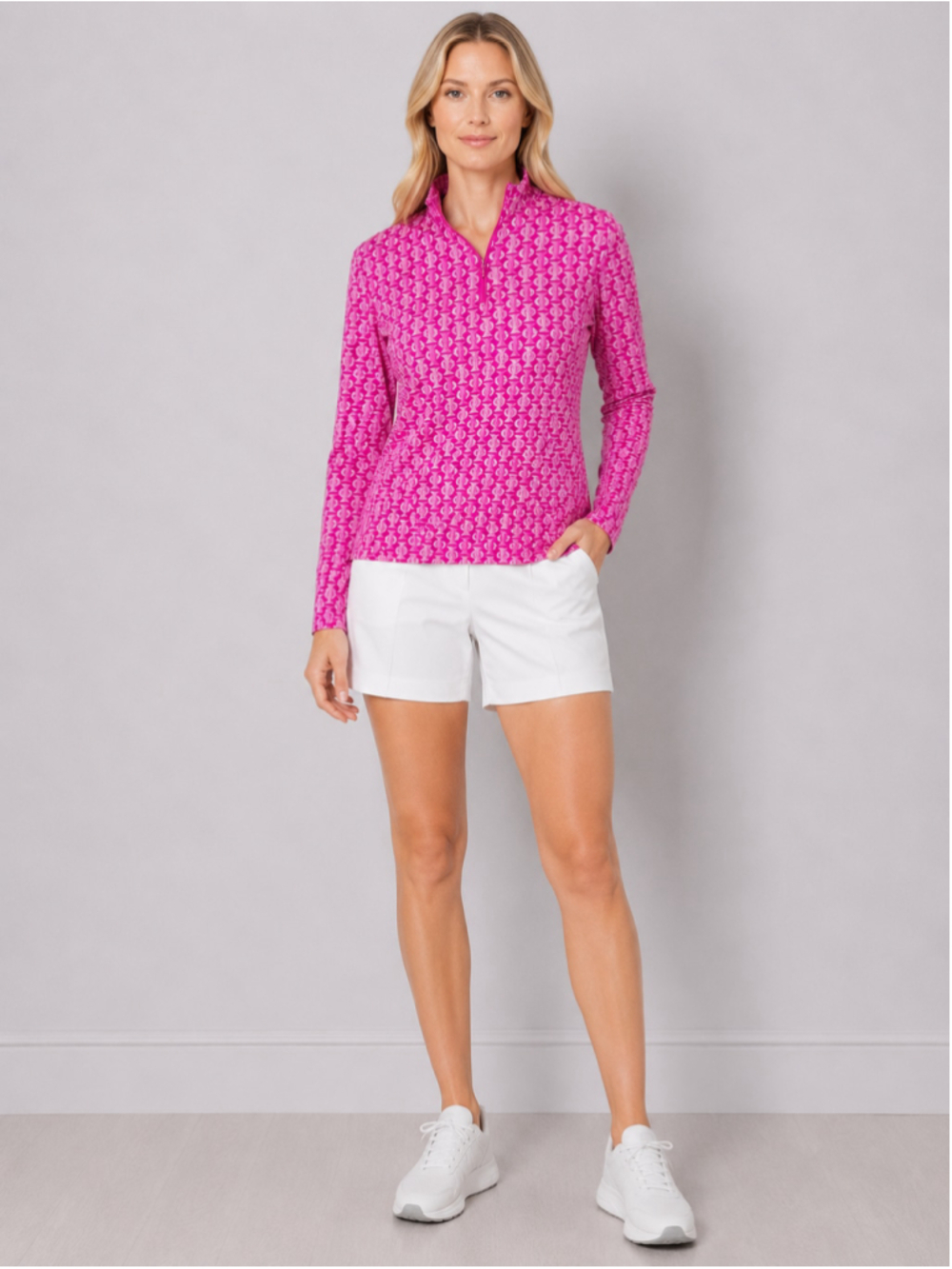Icikuls Womens 1/4 Zip Golf Top Hot Pink Geometric Mesh Vent UPF 50+ Size L